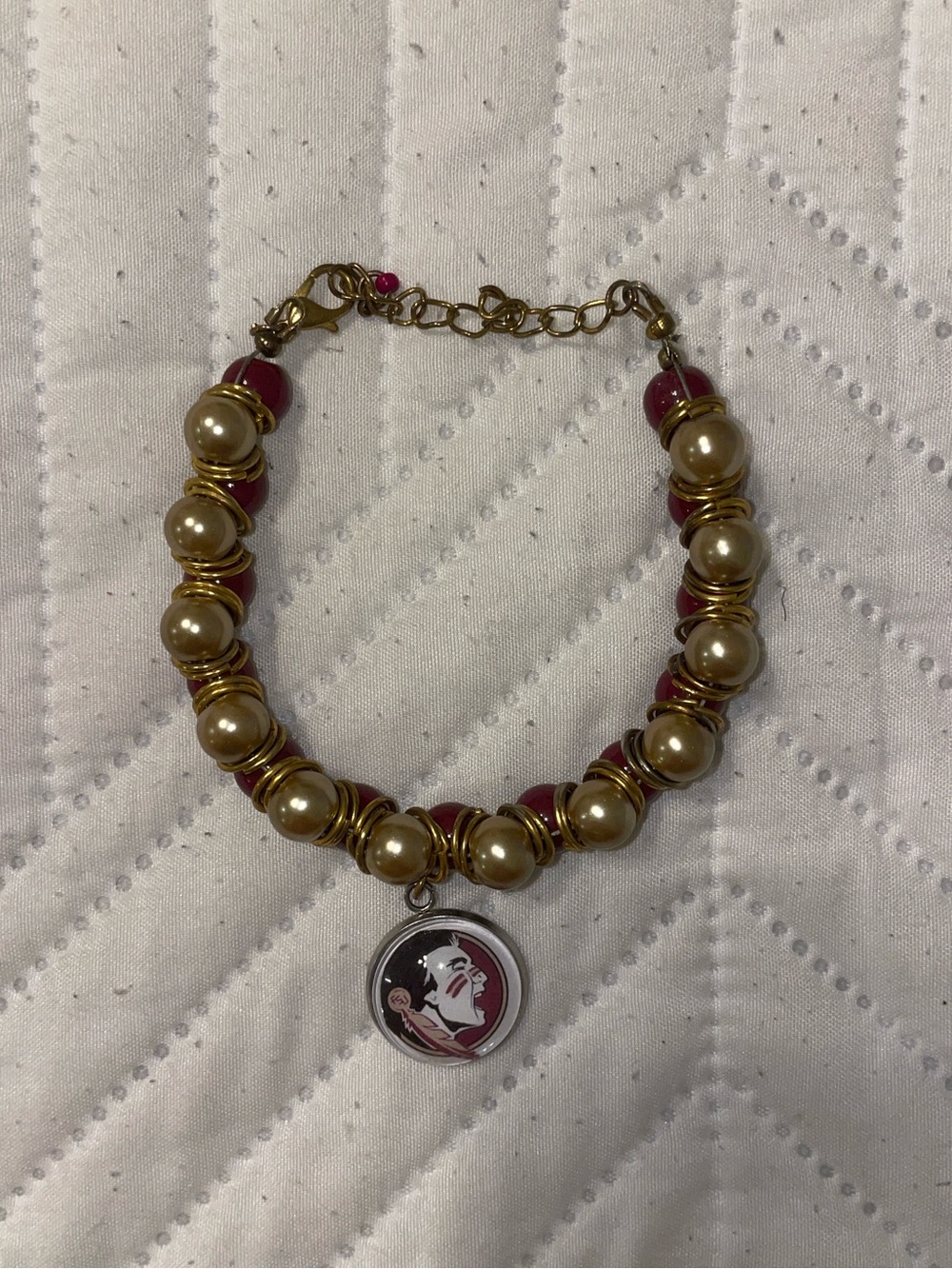 FSU Gold Pearl and Garnet Bead Charm Bracelet
